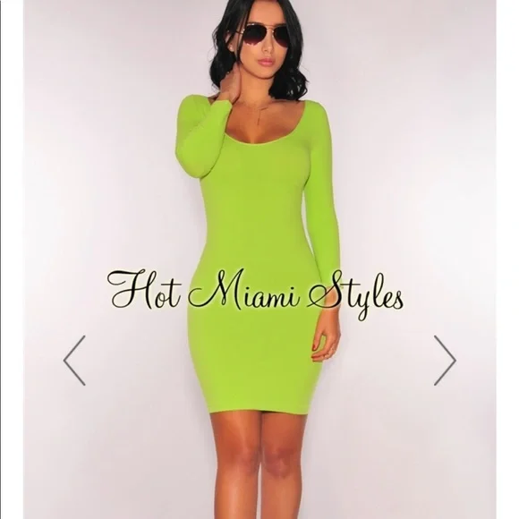 Hot Miami Styles | Dresses | Hot Miami Styles Seamless Bodycon Dress Long  Sleeve Lime Green | Poshmark